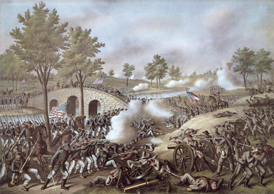 The Battle of Antietam, 1862, by Kurz & Allison (colour litho) van American School, (19th century)