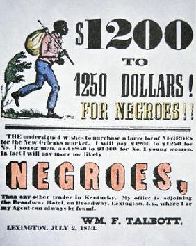 Poster for slave trade, New Orleans, 1853 (colour litho)
