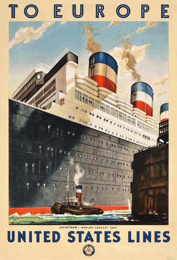 Poster advertising travel to Europe with the ocean liner 'Leviathan' by the shipping company 'United van American School, (20th century)