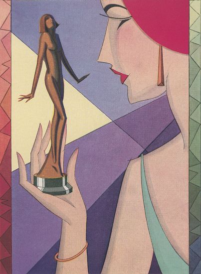 Art Deco Illustration of a Woman with a Golden Statuette van American School, (20th century)