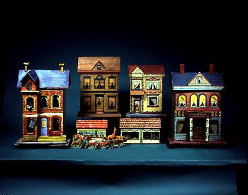 Four Two-Storey Doll's Houses - L-R: Gottschalk Blue Roof Doll's House, c. 1910; Bliss Doll's House van American School, (20th century)