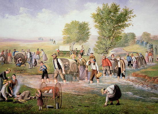 Mormon pioneers pulling handcarts on the long journey to Salt Lake City in 1856 (colour litho) van American School, (20th century)