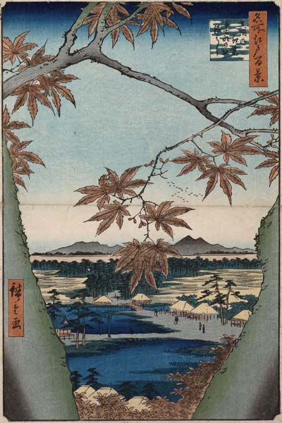 Ahornblätter, der Tekona Schrein und die Brücke. Aus der Serie: Hundert Ansichten von Sehenswürdigke van Ando oder Utagawa Hiroshige