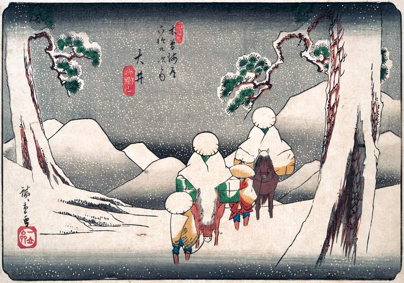 Travellers in the Snow at Oi van Ando oder Utagawa Hiroshige