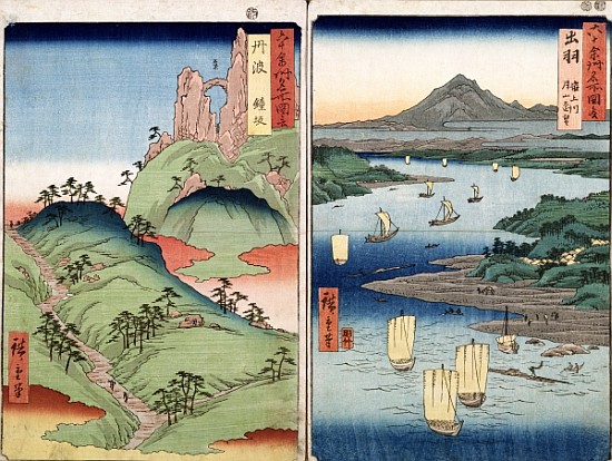 A landscape and seascape, two views from the series ''60-Odd Famous Views of the Provinces'', pub. K van Ando oder Utagawa Hiroshige
