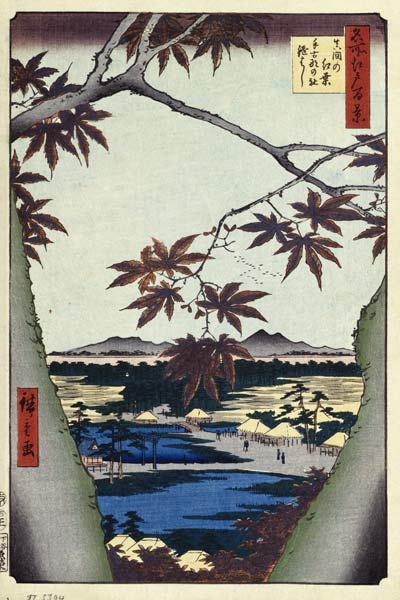 Maple Leaves and the Tekona Shrine and Bridge at Mama (One Hundred Famous Views of Edo) van Ando oder Utagawa Hiroshige