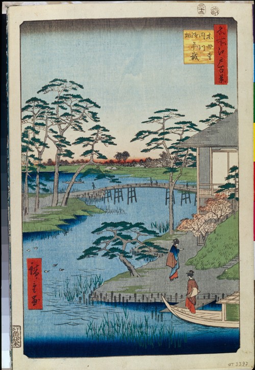Mokuboji Temple and Vegetable Fields on Uchigawa Inlet (One Hundred Famous Views of Edo) van Ando oder Utagawa Hiroshige