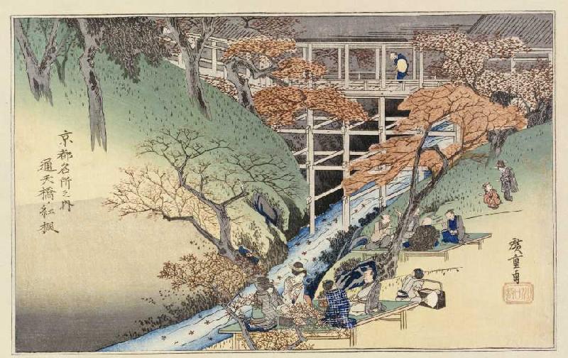 Rote Ahornblätter in Tsuten Bridge. Aus der Serie: Berühmte Orte in Kyoto. van Ando oder Utagawa Hiroshige
