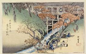 Rote Ahornblätter in Tsuten Bridge. Aus der Serie: Berühmte Orte in Kyoto.