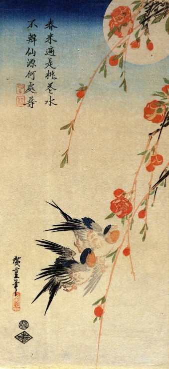 Flying Swallows under Peach Blossoms in the Moonlight van Ando oder Utagawa Hiroshige