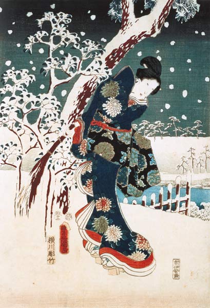 Snow Scene in the Garden of a Daimyo, part of Triptych (silkscreen) van Ando oder Utagawa Hiroshige