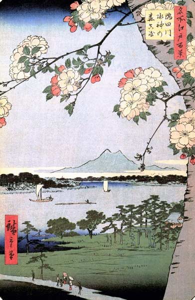 Suijin Schrein und Massaki am Fluß Sumida. (Bild 35 aus der Serie: 100 berühmte Ansichten von Edo). van Ando oder Utagawa Hiroshige