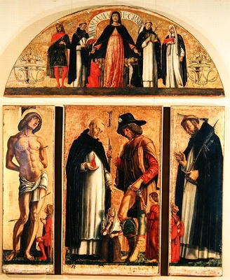 Saints Vincent Ferreri and Roch, with Saint Sebastian and Saint Peter the Martyr, Madonna Misericord van Andrea da Murano