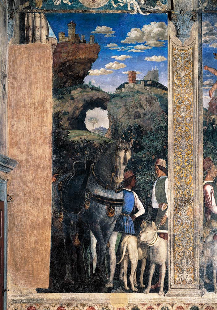 Horse and groom with hunting dogs, from the Camera degli Sposi or Camera Picta van Andrea Mantegna