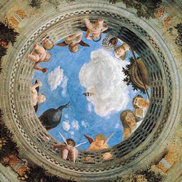 Bruidskamer - Plafond Fresko, Palazzo Ducale, Mantua, Italië - detail van Andrea Mantegna