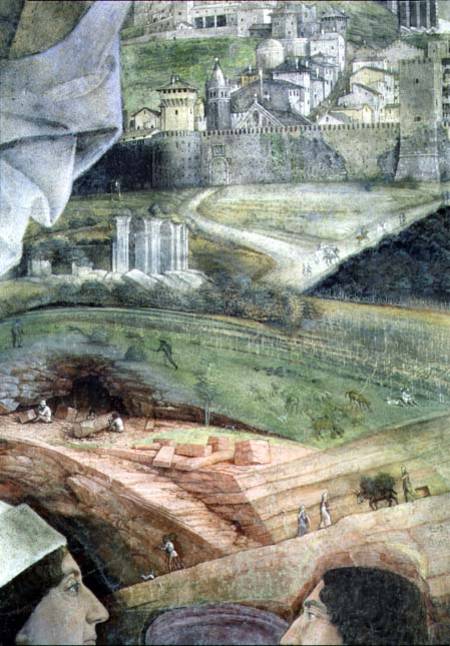 The Arrival of Cardinal Francesco Gonzaga; marble quarry workings and an idealised view of Rome, fro van Andrea Mantegna