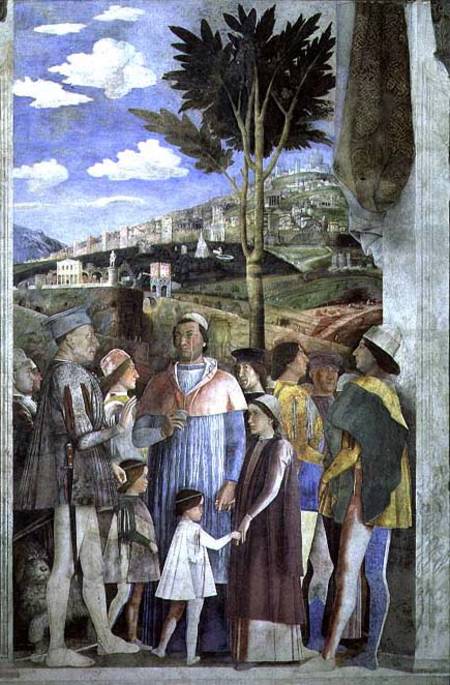 Arrival of Cardinal Francesco Gonzaga, greeted by his father Marchese Ludovico Gonzaga III (reigned van Andrea Mantegna