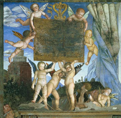 Camera degli Sposi - Putten, die eine Tafel halten van Andrea Mantegna