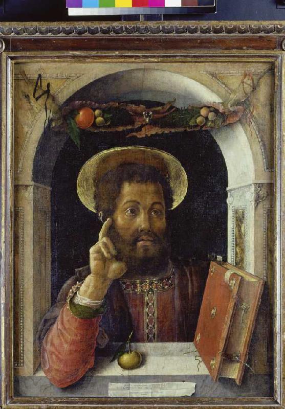 Brustbild eines heiligen Apostels in Fensterrahmung van Andrea Mantegna
