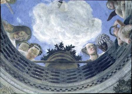 Trompe l'oeil oculus in the centre of the vaulted ceiling of the Camera degli Sposi or the Camera Pi van Andrea Mantegna