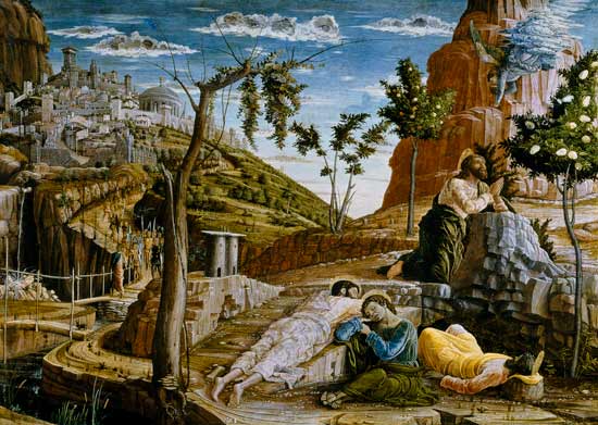 The Agony in the Garden, left hand predella panel from the Altarpiece of St. Zeno of Verona van Andrea Mantegna