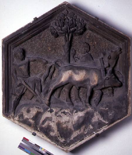 The Art of Agriculture, hexagonal decorative relief tile from a series depicting the practitioners o van Andrea Pisano