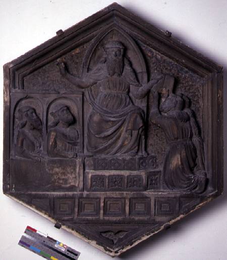 The Art of Law, hexagonal decorative relief tile from a series depicting the practitioners of the Ar van Andrea Pisano
