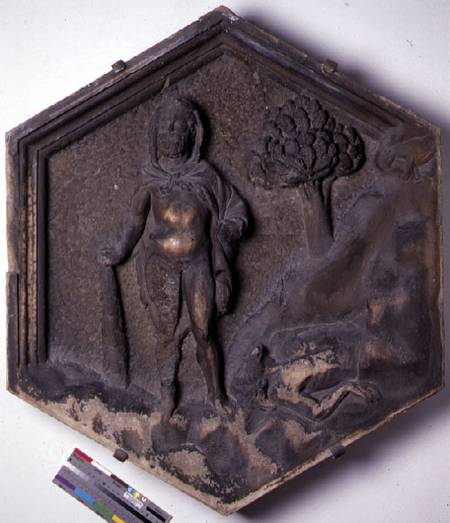 Cain and Abel, hexagonal decorative relief tile from a series illustrating episodes from Genesis pos van Andrea Pisano