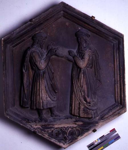 Geometry or Arithmetic, hexagonal decorative relief tile from a series depicting the Seven Liberal A van Andrea Pisano