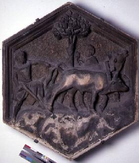 The Art of Agriculture, hexagonal decorative relief tile from a series depicting the practitioners o