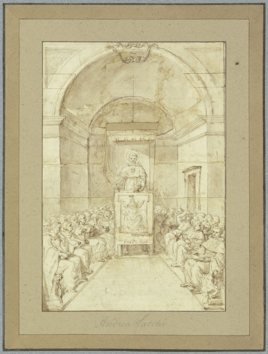 Der Heilige Antonius von Padua predigt vor einer Versammlung von Geistlichen van Andrea Sacchi