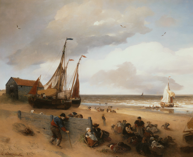 Fischerboote und Fischervolk an einem Strand. van Andreas Achenbach