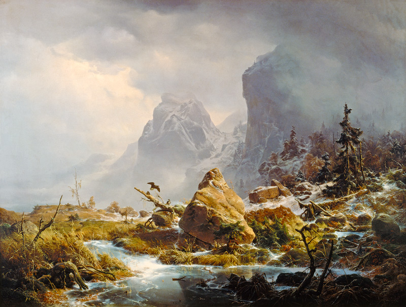 Nordic mountains in winter van Andreas Achenbach