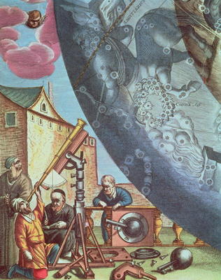 Astronomers looking through a telescope, detail from a map of the constellations from 'The Celestial van Andreas Cellarius