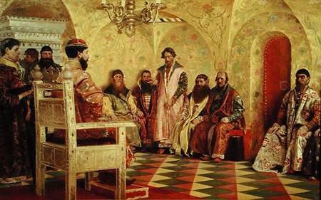 Tsar Mikhail Fyodorovich (1596-1645) with Boyars Sitting in His Room van Andrei Petrovich Ryabushkin