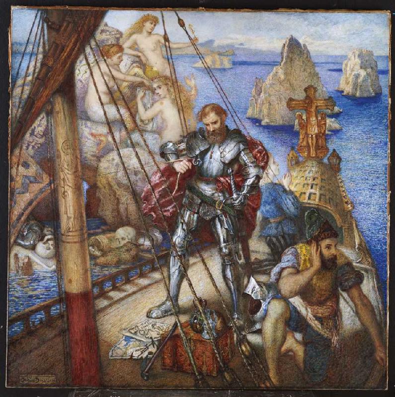 Die Insel der Sirenen, Odysseus bindet sich am Schiffsmast fest van Andrew Benjamin Donaldson