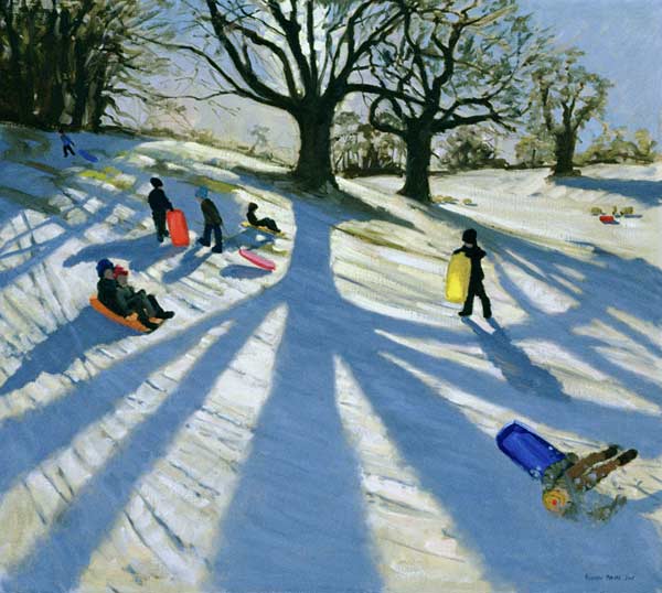 Winter Tree, Snow Sledgers, Calke Abbey, Derby (oil on canvas)  van Andrew  Macara