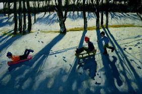 Boys Sledging, Allestree Park, Derby (oil on canvas) 