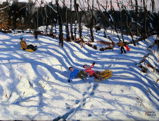 Two boys falling off a sledge, Morzine (oil on canvas)  van Andrew  Macara