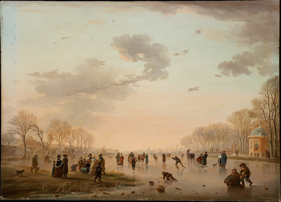 Winter Landscape with Ice Skaters on a River van Andries Vermeulen