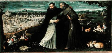 The meeting of St Francis of Assisi and St Dominic in Rome van Angiola Leone