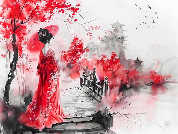 Chinese Geisha bij een brug bij de tempel. van Anja Frost