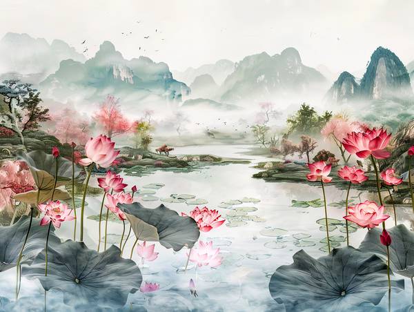Chinese lotusbloemen bij de vijver. Berglandschap. van Anja Frost
