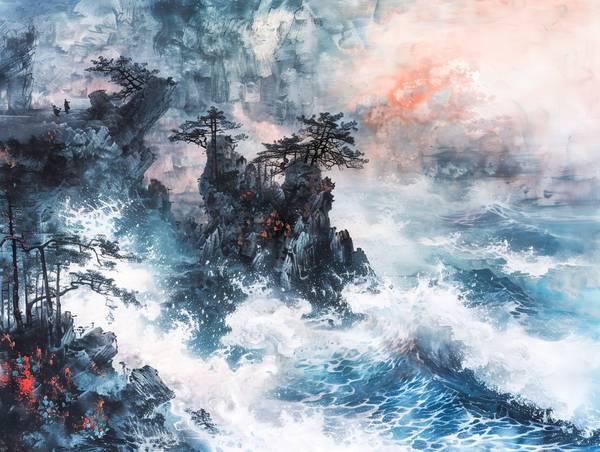 De zee breekt tegen de Chinese bergen. van Anja Frost