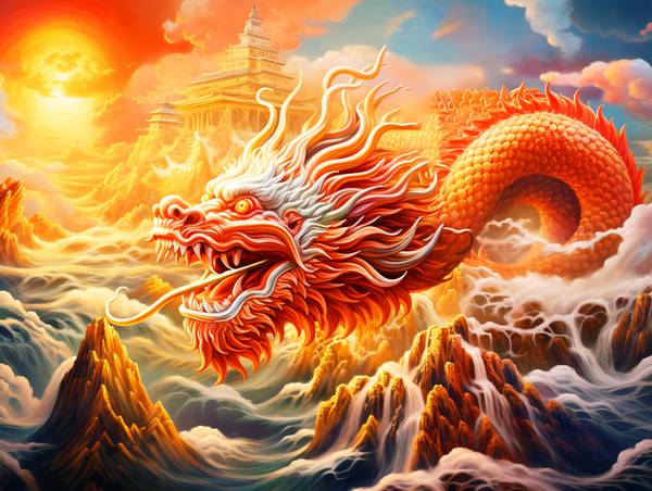 De Vuur Draak in het Schijnsel van de Zonsondergang. Chinese Draak. van Anja Frost