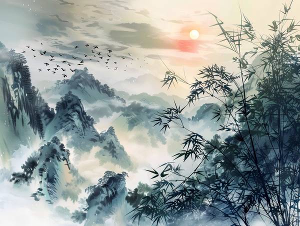 Zwerm trekvogels vliegt over de bergen van China. van Anja Frost