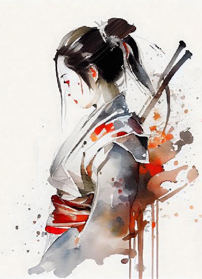 Japanse vrouwelijke geishavechter met samoeraienzwaarden. aquarel portret