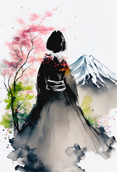  Japanse geisha kijkt naar het landschap met de besneeuwde berg Fuji