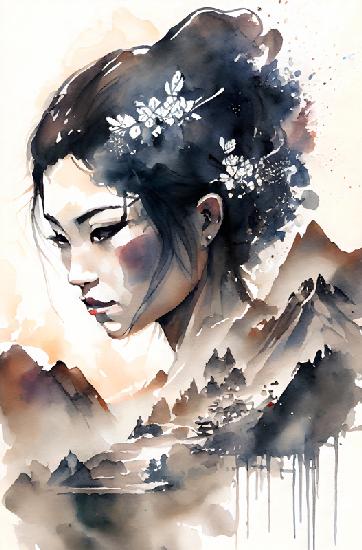 Japanse geisha met bloemen in het haar voor een berglandschap. Waterverf.