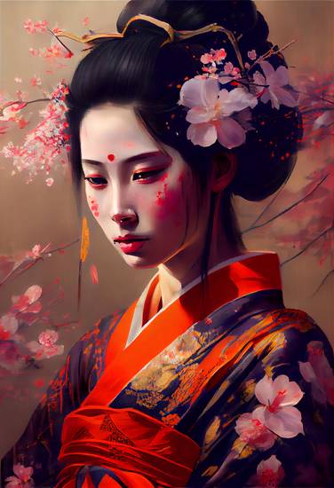 Bloemenmagie: een geisha omringd door bloemenpracht